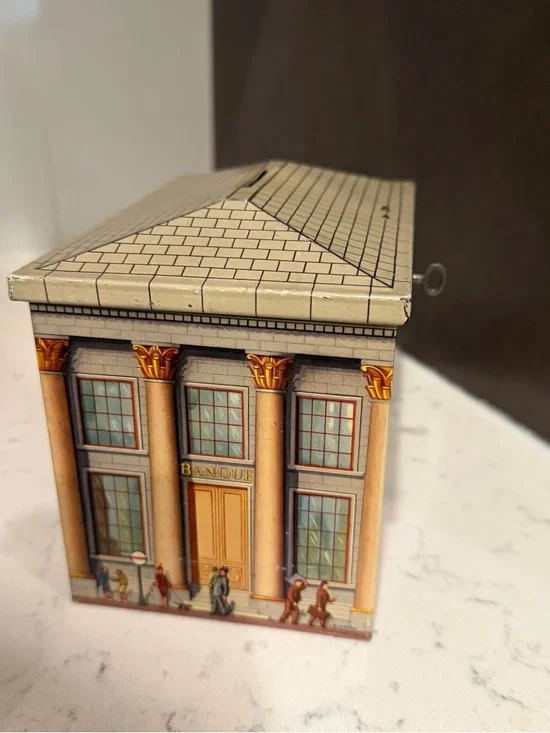 Vintage DBF Bank Biscuit Tin Money 1948 Louis Ruymen House Shaped With Key - Picture 5 of 8